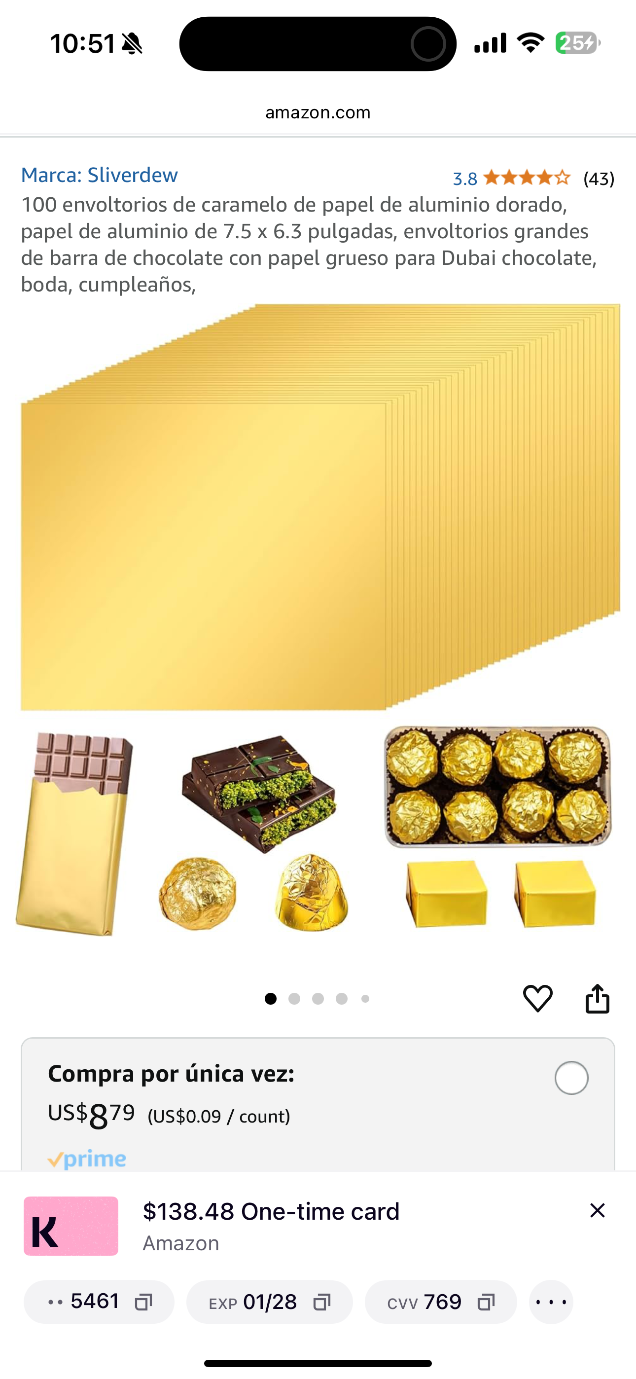 Envoltura aluminio para chocolate dubai 7.5” x 6.3