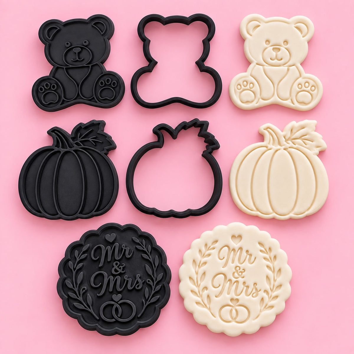 Colección Cortadores de Galletas KeDulce: osito, calabaza y stamp Mr & Mrs