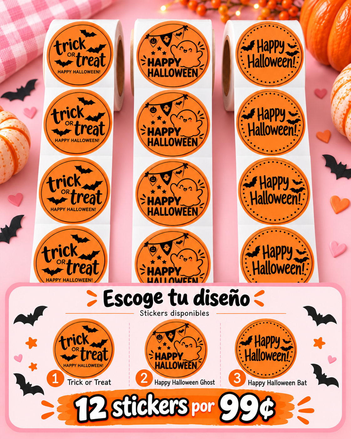 Stickers Halloween termales con base anaranjada y diseño negro, pack de 12 por 99 centavos