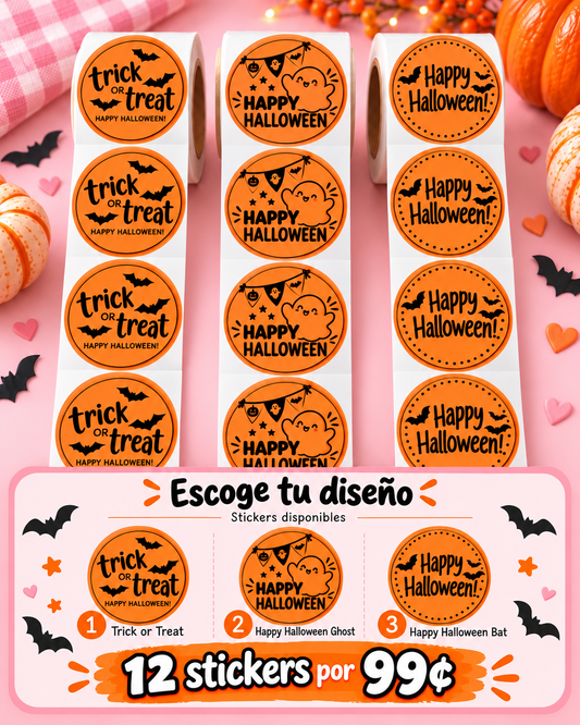 Stickers Halloween termales con base anaranjada y diseño negro, pack de 12 por 99 centavos